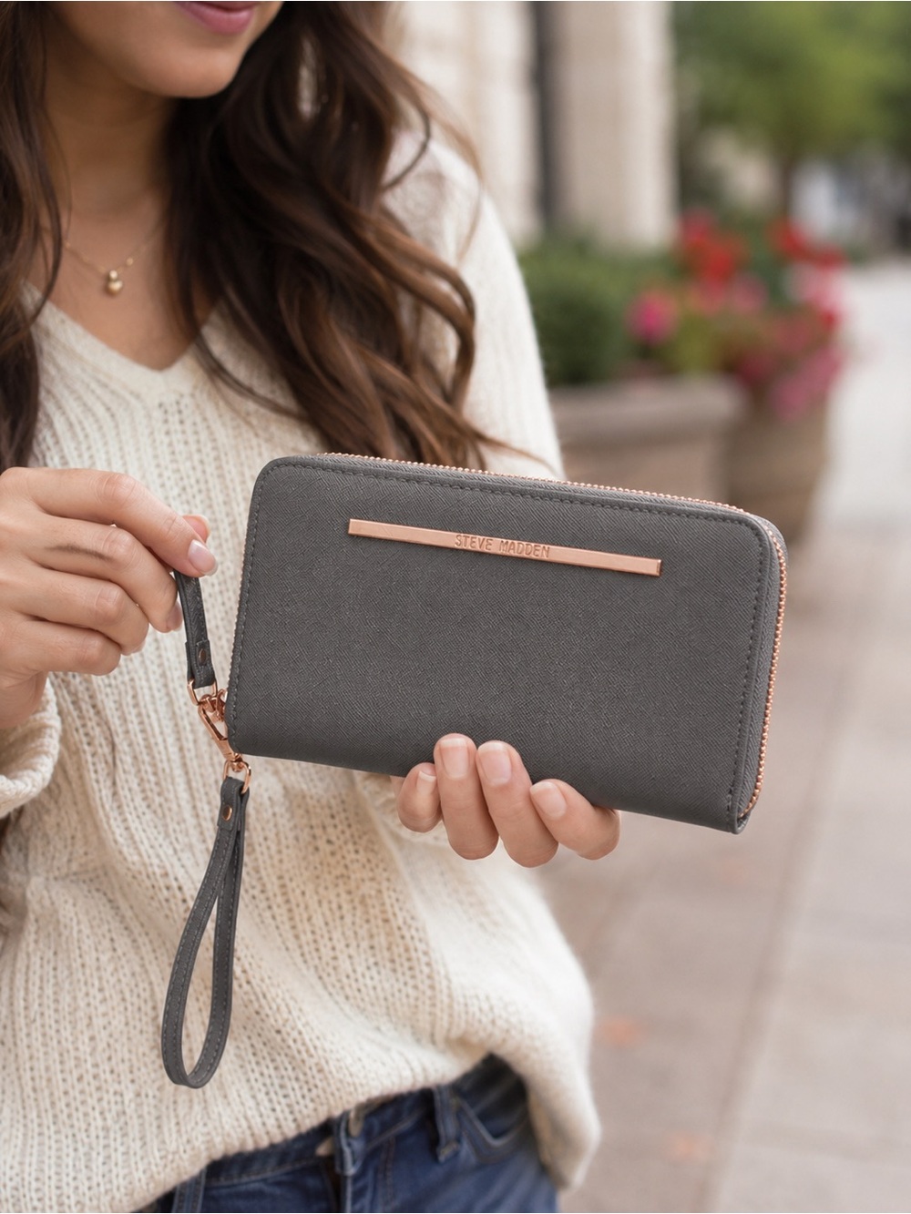 Steve Madden Gray Zip-Around Wristlet Wallet Rose Gold Hardware